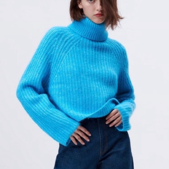 Zara MEDIUM Chunky Knit Sweater Turquoise Blue Cowl Wool - Picture 2 of 8
